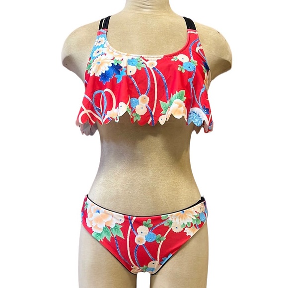 Cupshe Bikini Swimsuit Tankini Red Floral Reversible S Small New - Picture 1 of 5